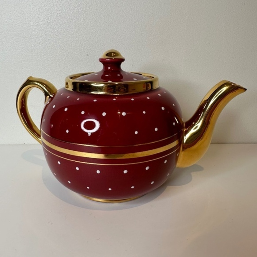 Vintage Maroon Sadlow's Bursleam Teapot. Gold Polka dot